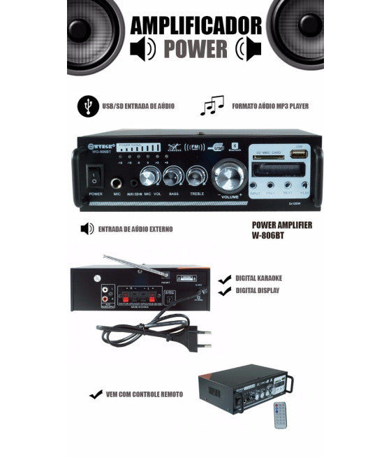 AUDIO STEREO 2 CANALI BLUETOOTH MICROFONO USB SD MP3 KARAOKE 806BT