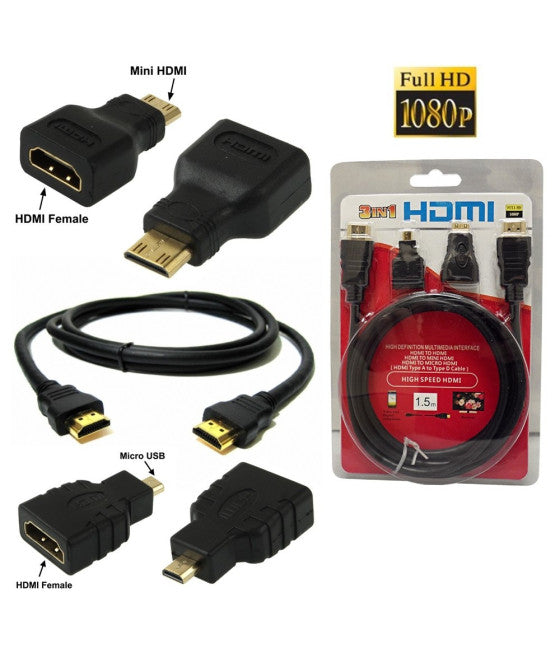 3 IN 1 1080P FULL HDMI KABEL 1,5 M + VERGOLDETE MINI HDMI UND MICRO HDMI ADAPTER