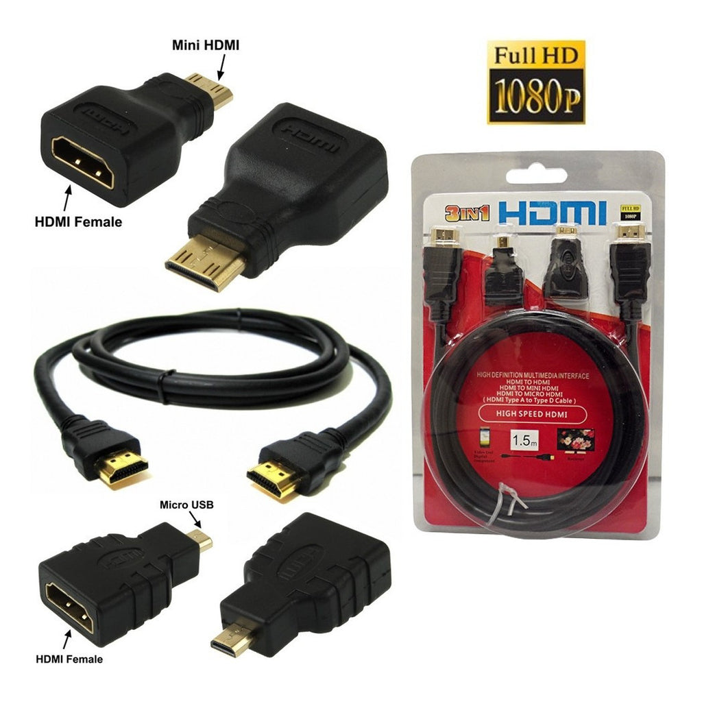 3 IN 1 1080P FULL HDMI KABEL 1,5 M + VERGOLDETE MINI HDMI UND MICRO HDMI ADAPTER