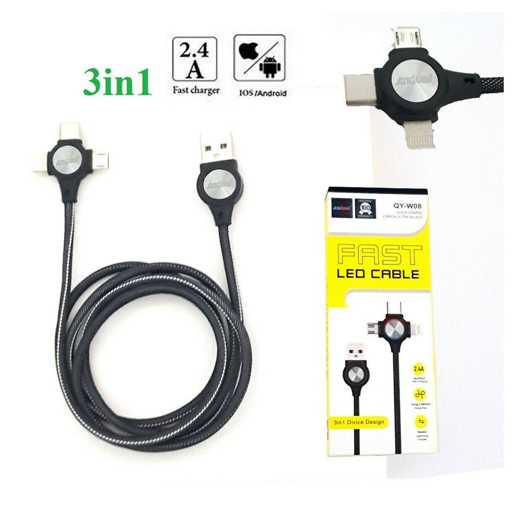 3IN1 MICRO USB DATENLADEKABEL LIGHTNING TYP C SMARTPHONE 2,4A FAS