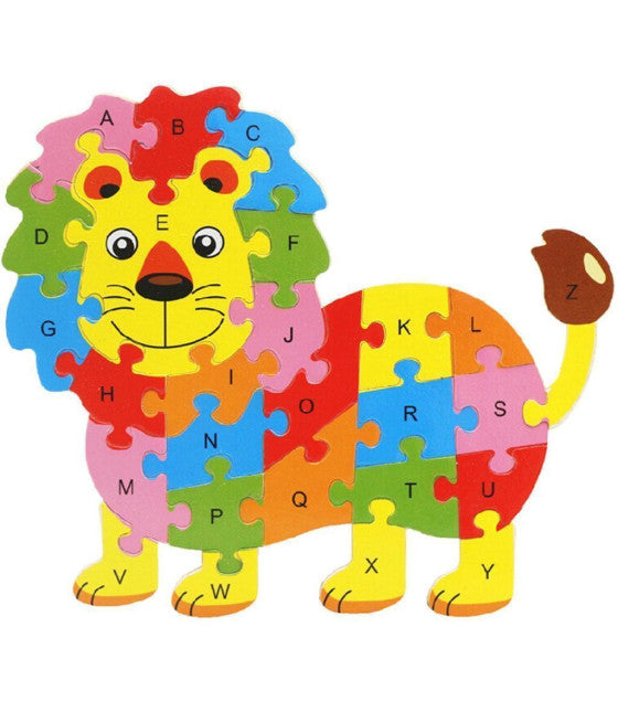 3D PUZZLE HOLZ LÖWE FORM PÄDAGOGISCHE BUCHSTABEN ZAHLEN KINDER LERNEN