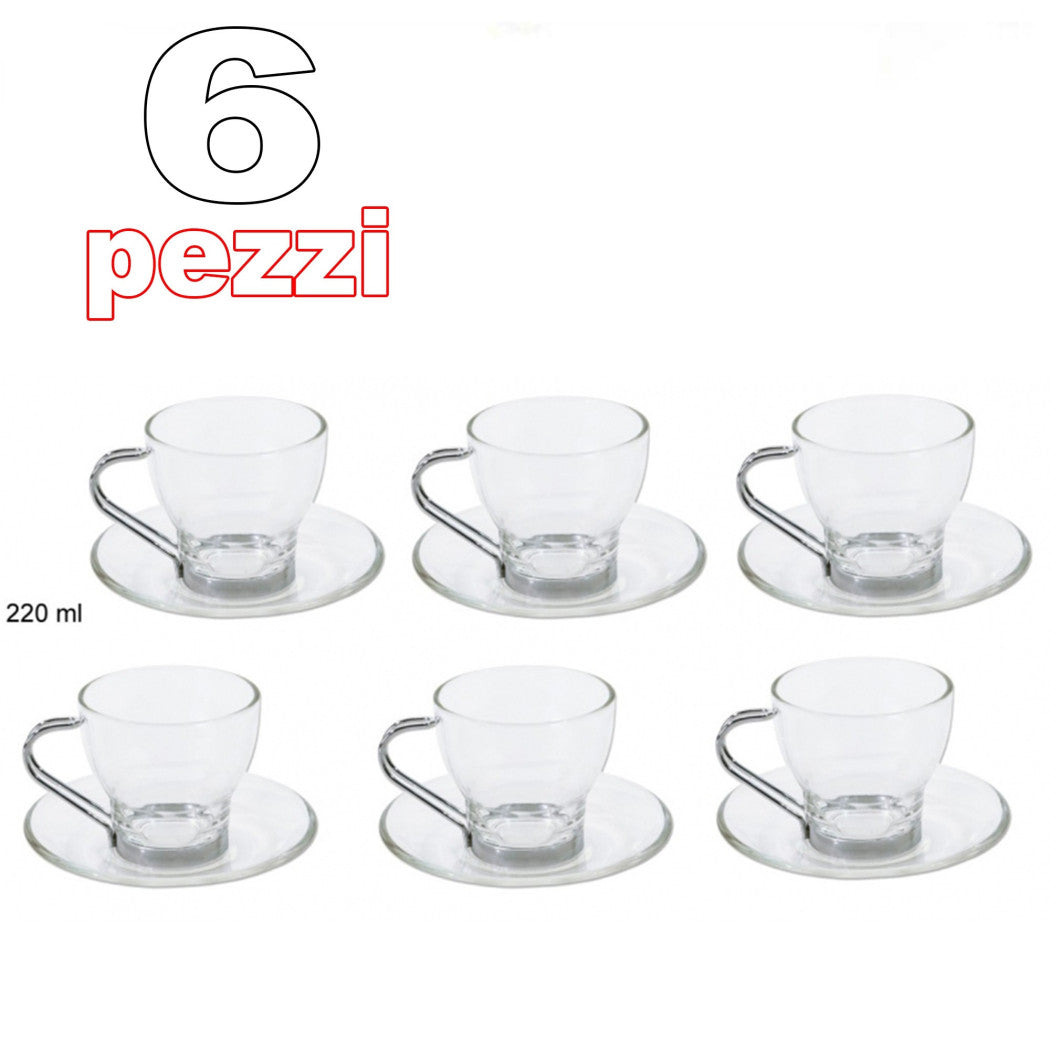 6 CAPPUCCINO KAFFEE-TEE GLASTASSE MIT STAHLGRIFF UND UNTERTASSE