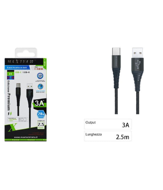 ACVO USB TYPE-C RICARICA VELOCE 3A 2.5METRI TRANSFER VON F-TC010