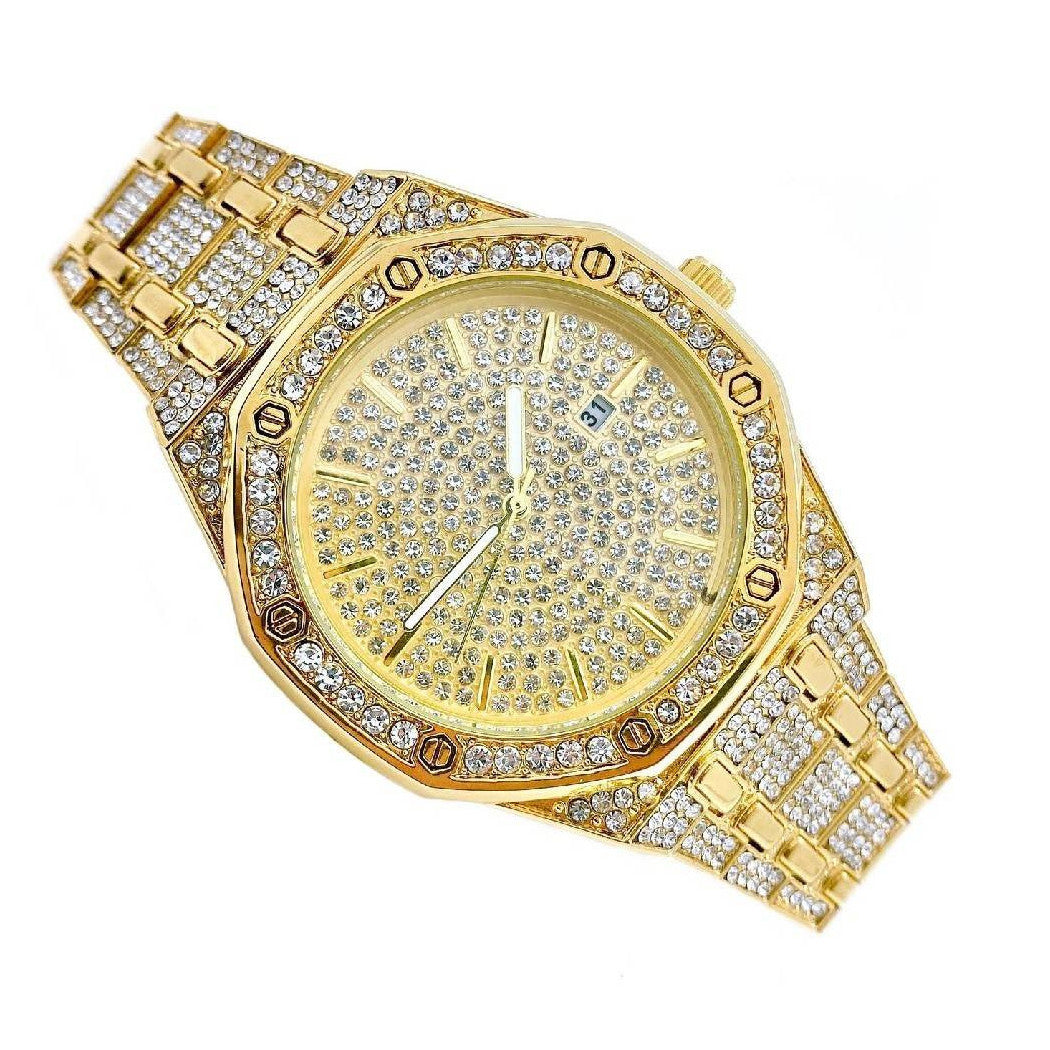 ARMBANDUHR AUS STAHL, STRASS-GLITZER, ANALOG, GOLDENER KALENDER