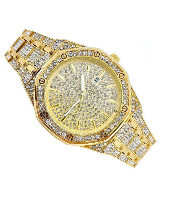 ARMBANDUHR AUS STAHL, STRASS-GLITZER, ANALOG, GOLDENER KALENDER