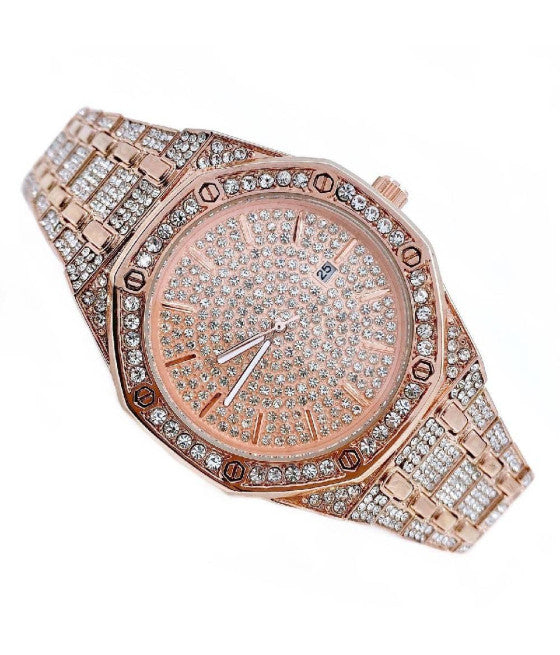 ANALOGE ROSA KALENDER-ARMBANDUHR AUS STAHL MIT STRASS-GLITZER