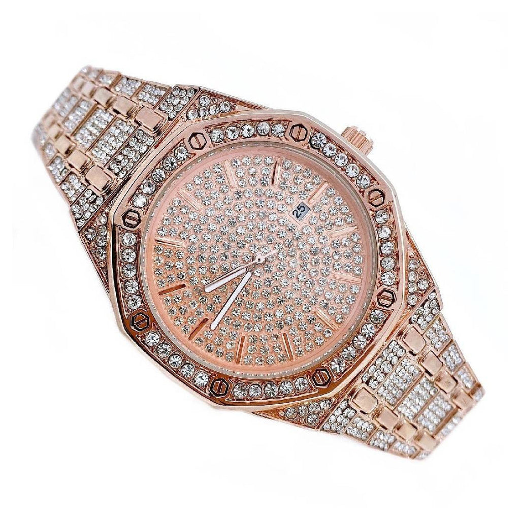 ANALOGE ROSA KALENDER-ARMBANDUHR AUS STAHL MIT STRASS-GLITZER