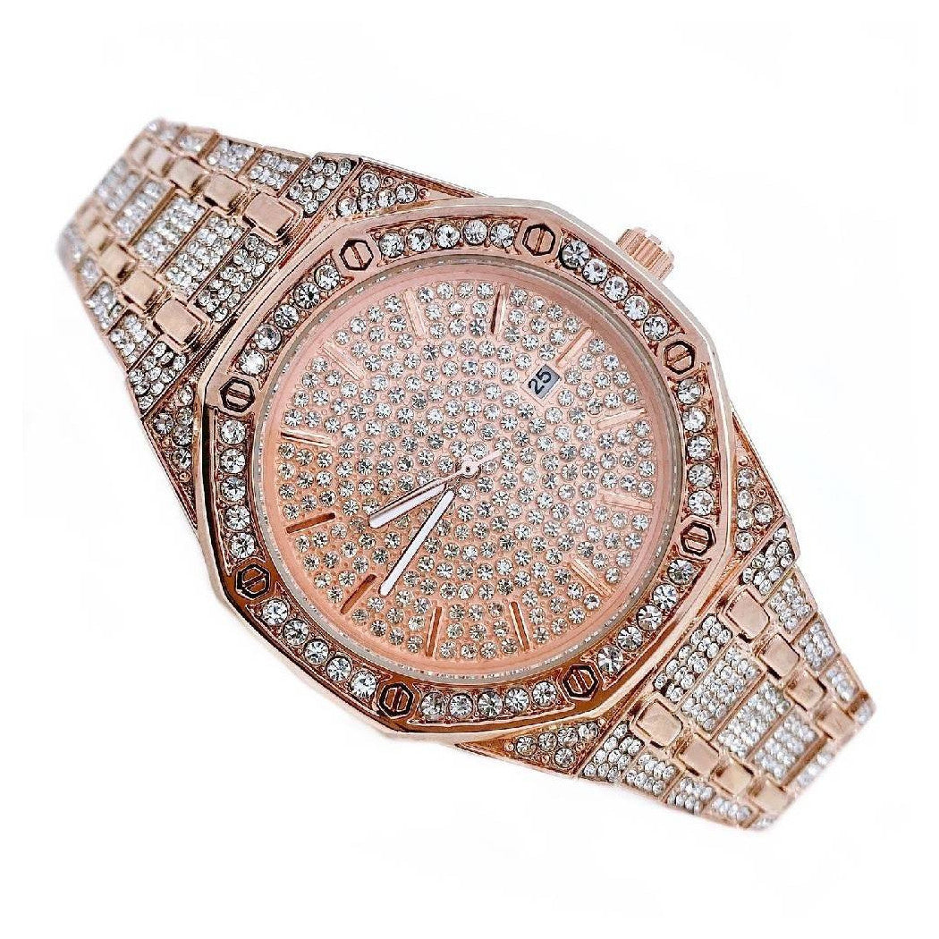 ANALOGE ROSA KALENDER-ARMBANDUHR AUS STAHL MIT STRASS-GLITZER