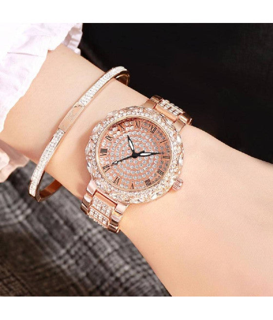 ANALOGE ARMBANDUHR FÜR DAMEN, LÄSSIGE MODE, ROSA GLITZER