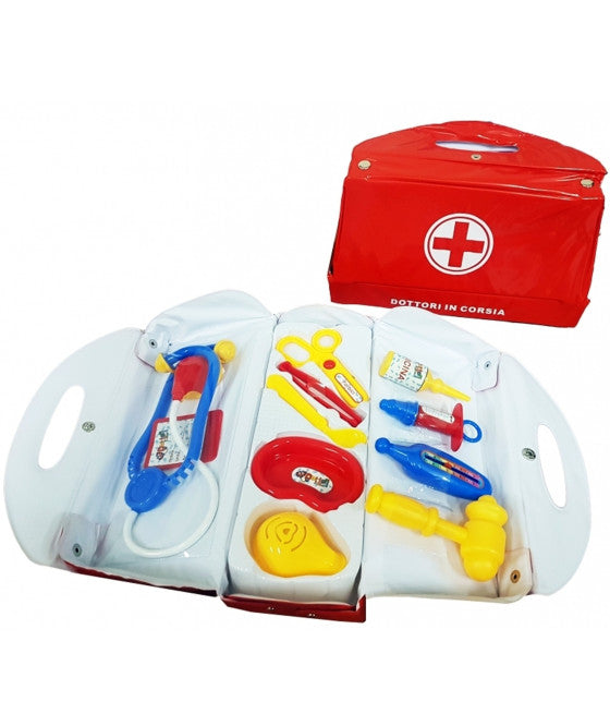 ARZTKOFFER AUF DER STATION STETHOSKOP SCHERE SPRITZE HAMMER KINDERSPIEL