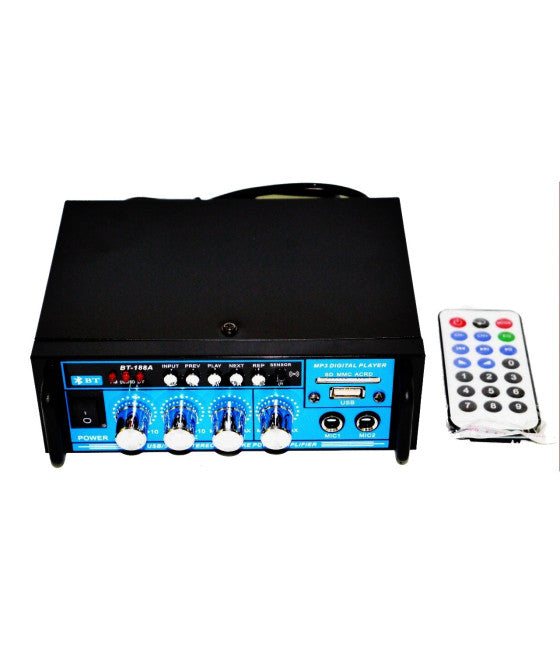 AUDIO VERSTÄRKER 12V 220V USB SD 2 MIKROFONE MP3 FM HEIM AUTO KARAOKE BT188A