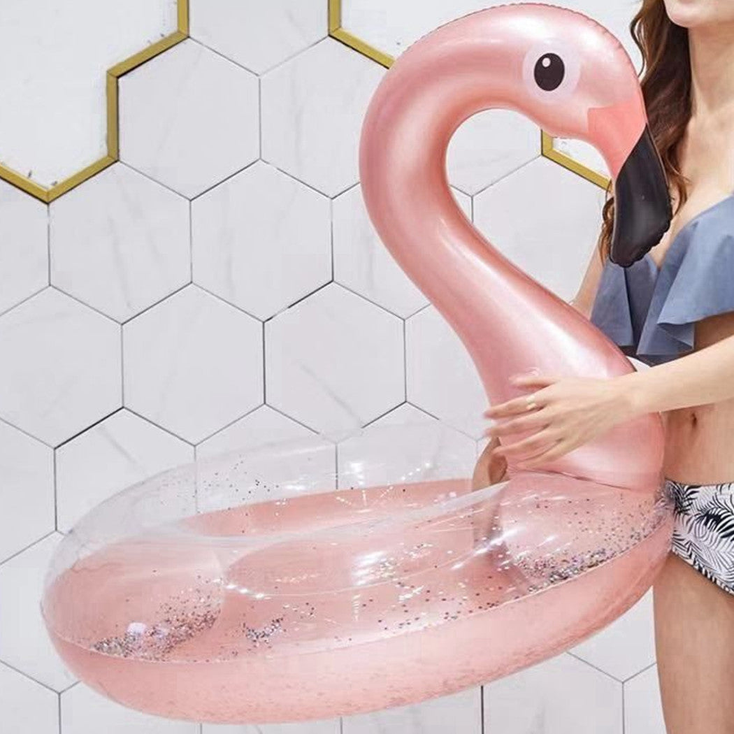 AUFBLASBARE FLAMINGO ROSA GLITZERNDE MEER DONUT RETTUNGSBOJE DURCHMESSER 90 CM