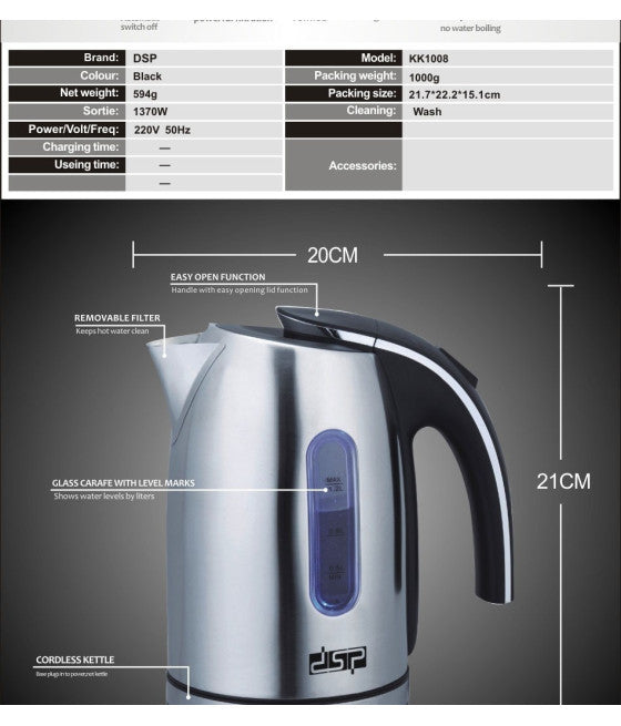 1.2L EDELSTAHL-WASSERKOCHER FÜR TEE UND AUFGÜSSE 1370W
