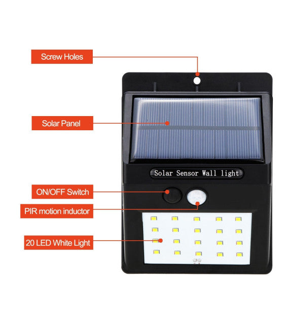 20 LED-LEUCHTEN MIT WIEDERAUFLADBAREM SOLARPANEL UND BEWEGUNGSSENSOR FÜR DEN AUSSENEINSATZ
