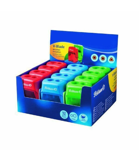 12ER-PACK BLEISTIFTSPITZER V KLINGE 2 FARBIGE BEHÄLTER