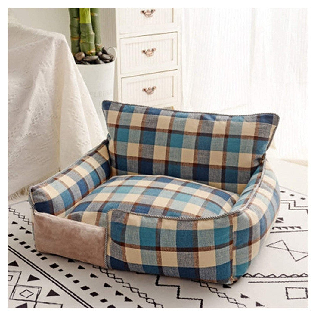 ATMUNGSAKTIVES BAUMWOLLSOFA HUNDEBETT GRÖSSE S 45X35 CM GITTER BLAU