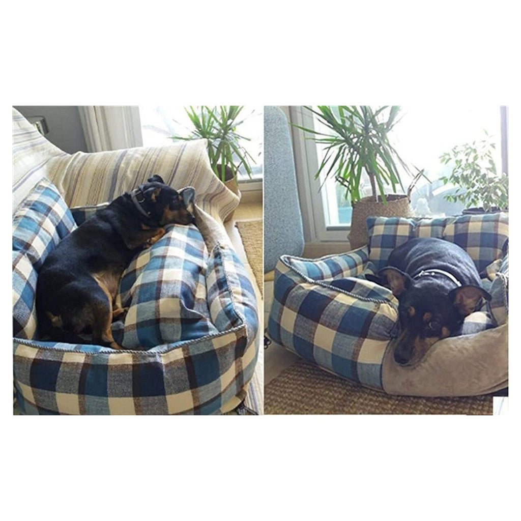 ATMUNGSAKTIVES BAUMWOLLSOFA HUNDEBETT GRÖSSE S 45X35 CM GITTER BLAU