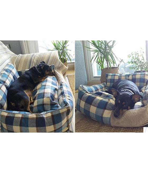 ATMUNGSAKTIVES BAUMWOLLSOFA HUNDEBETT GRÖSSE S 45X35 CM GITTER BLAU