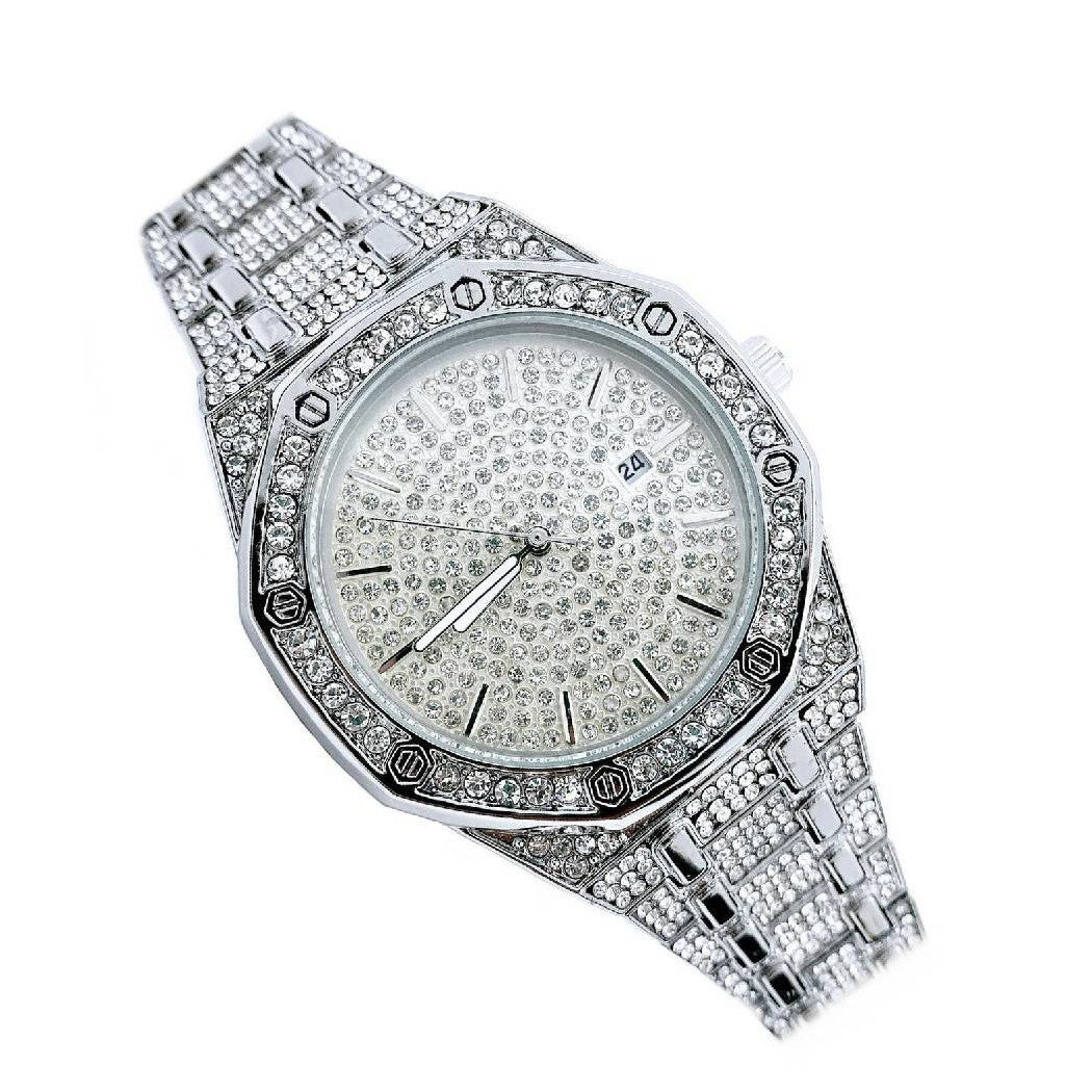 ANALOGE STRASS-STAHL-ARMBANDUHR MIT GLITZERNDEN SILBERNEN KALENDER