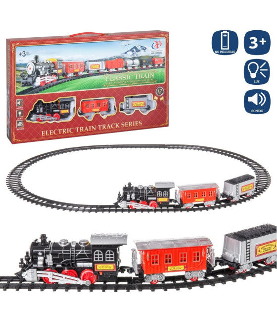 250 CM KINDEREISENBAHN MIT GLEISEN LOKOMOTIVE 2 WAGGONS LICHTER GERÄUSCHE