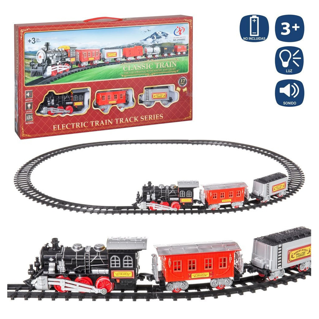 250 CM KINDEREISENBAHN MIT GLEISEN LOKOMOTIVE 2 WAGGONS LICHTER GERÄUSCHE