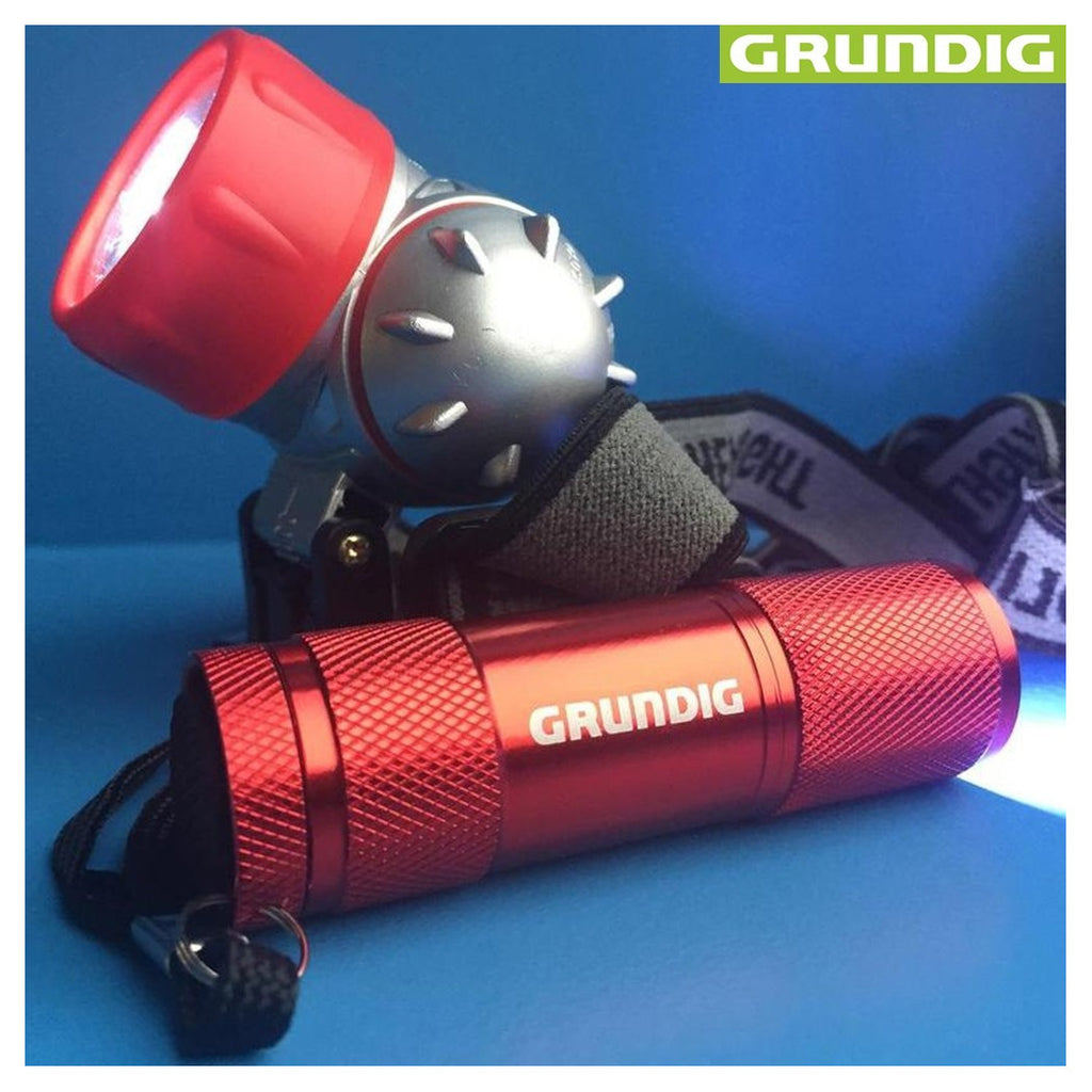 2ER SET LED-STIRNLAMPE UND TASCHENLAMPE FÜR CAMPING ANGELN FAHRRAD GRUNDIG