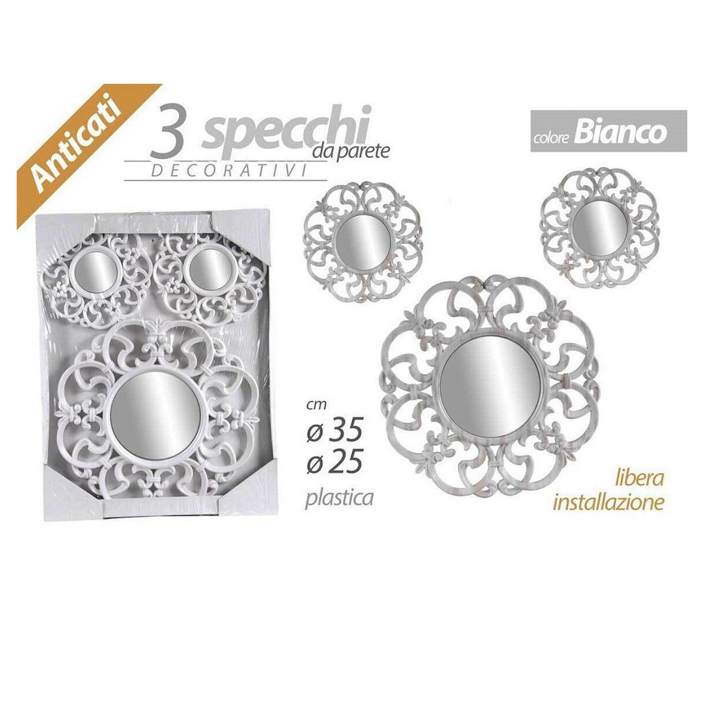 3 ANTIKE DEKORATIVE WANDSPIEGEL, WEISSER KUNSTSTOFFSPIEGEL, 25–35 CM