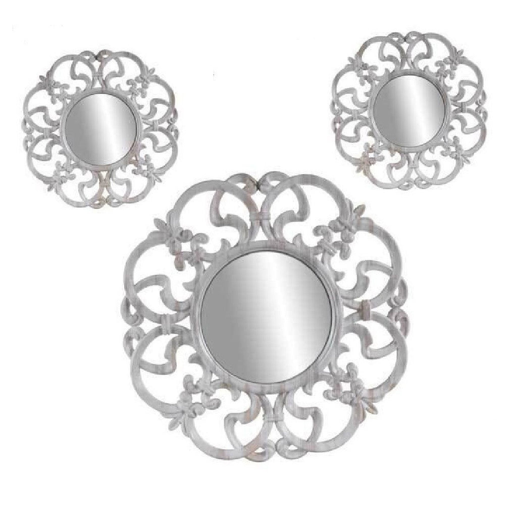 3 ANTIKE DEKORATIVE WANDSPIEGEL, WEISSER KUNSTSTOFFSPIEGEL, 25–35 CM
