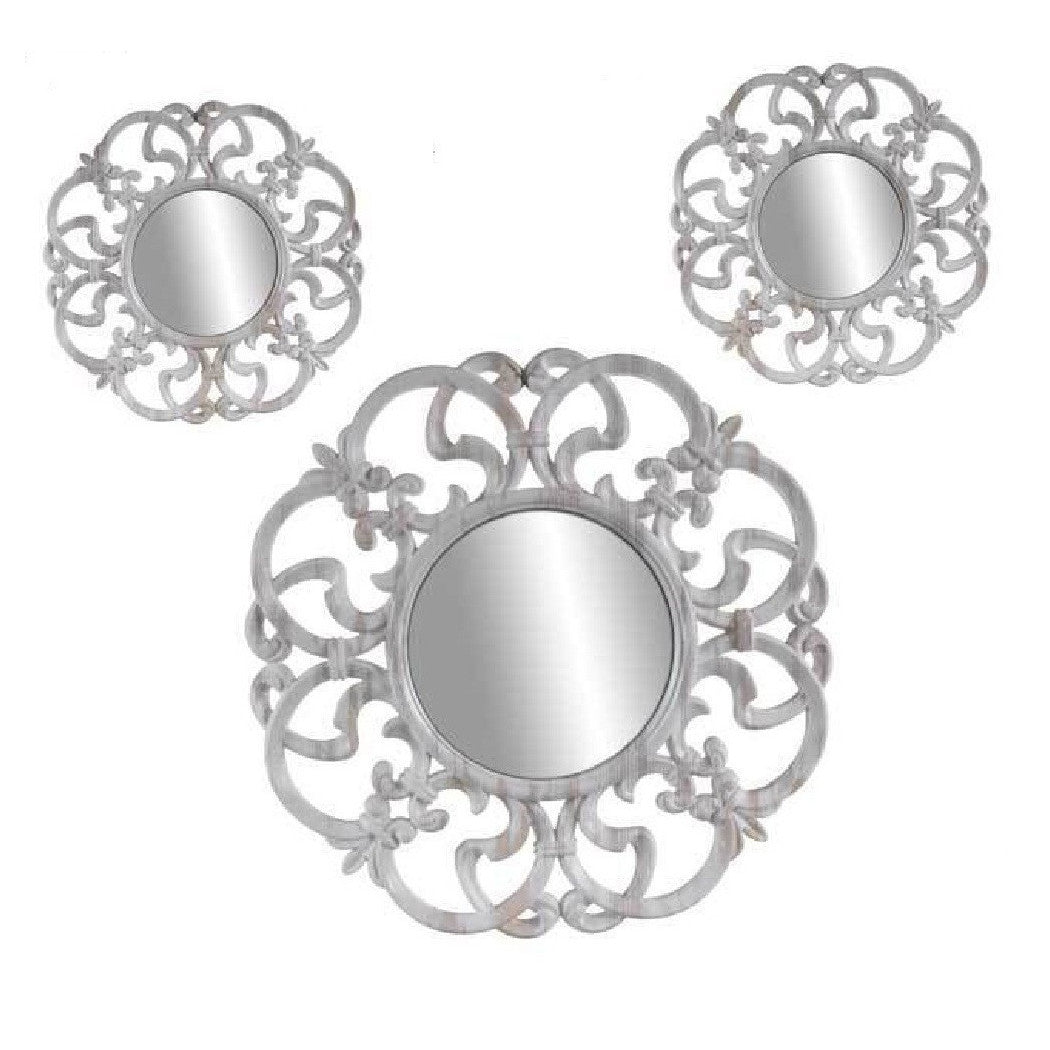 3 ANTIKE DEKORATIVE WANDSPIEGEL, WEISSER KUNSTSTOFFSPIEGEL, 25–35 CM
