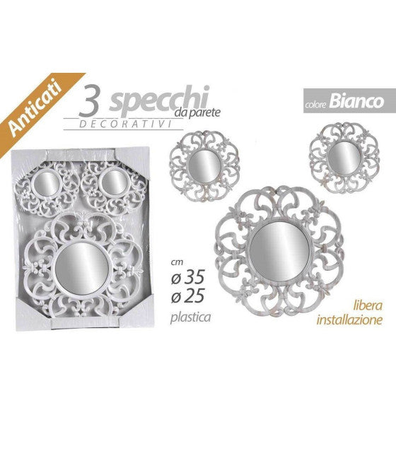 3 ANTIKE DEKORATIVE WANDSPIEGEL, WEISSER KUNSTSTOFFSPIEGEL, 25–35 CM