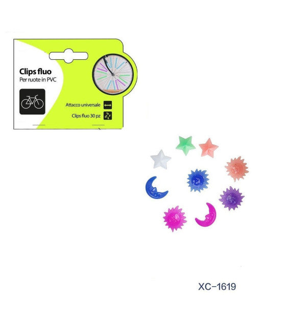 30PCS BUNTE FLUORESZIERENDE CLIPS STERNE MOND SONNE PVC FAHRRAD RAD SPEICHEN XC-1619
