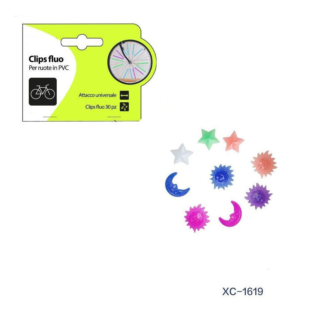 30PCS BUNTE FLUORESZIERENDE CLIPS STERNE MOND SONNE PVC FAHRRAD RAD SPEICHEN XC-1619