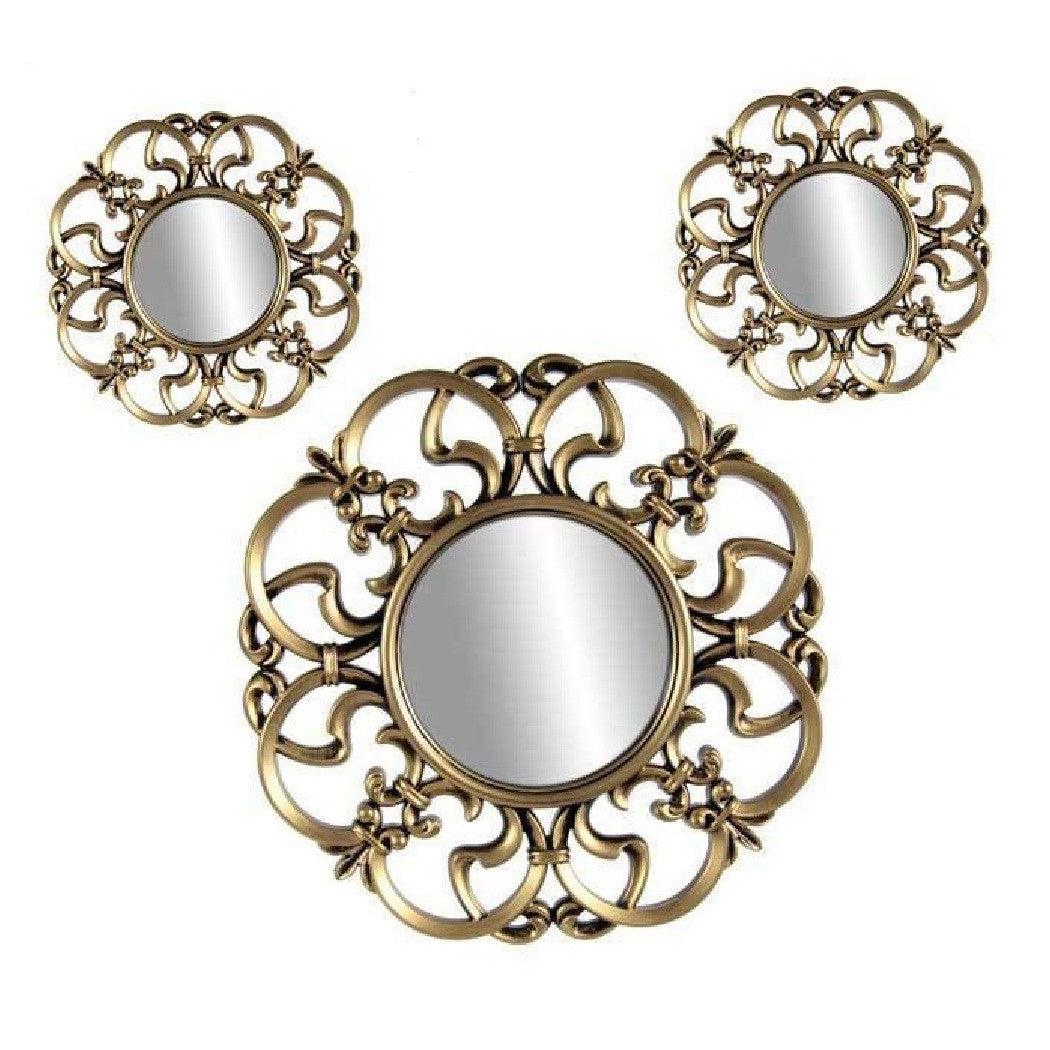 3 Stück dekorative Wandspiegel, Goldbronze, kostenlose Installation, 20–35 cm