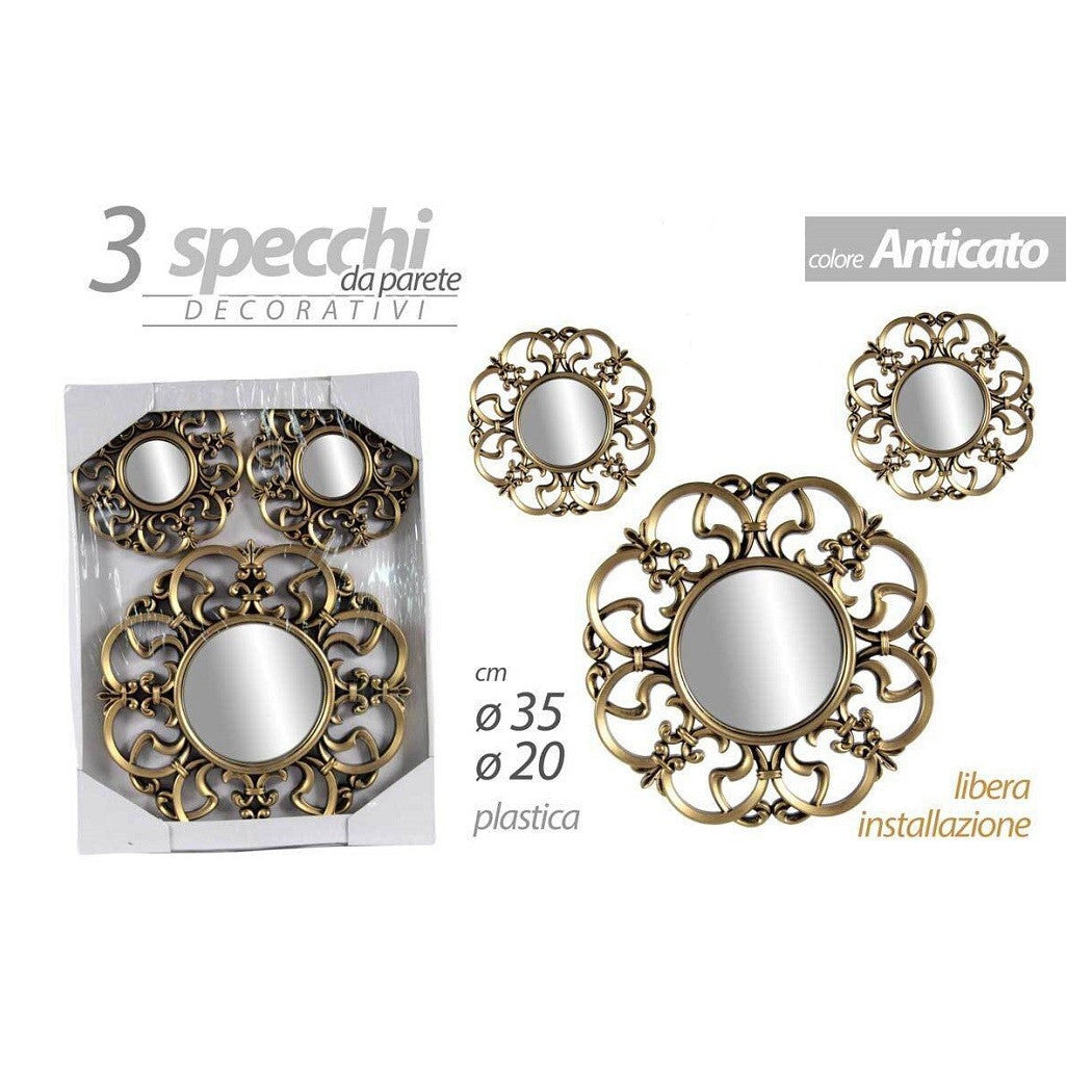 3 Stück dekorative Wandspiegel, Goldbronze, kostenlose Installation, 20–35 cm