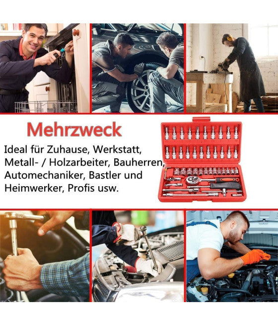 46-TEILIGER STECKSCHLÜSSELSATZ MIT RATSCHE 1/4" SECHSKANTSCHRAUBENDREHERROHR