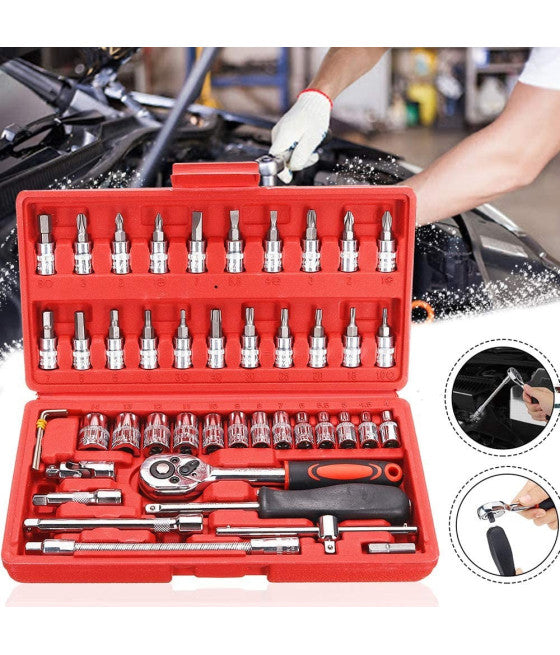 46-TEILIGER STECKSCHLÜSSELSATZ MIT RATSCHE 1/4" SECHSKANTSCHRAUBENDREHERROHR