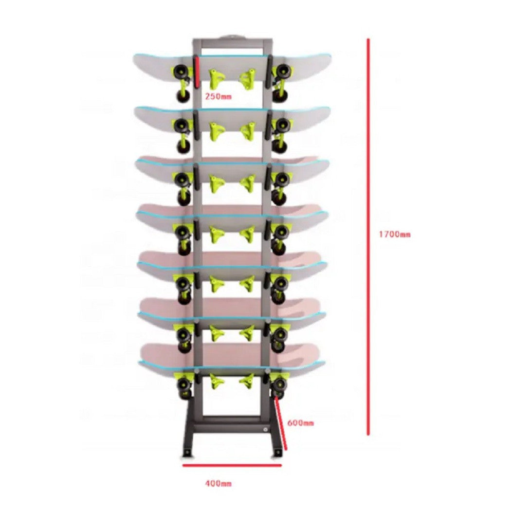 7-LAGIGER METALL-SKATEBOARD-STÄNDER FÜR LADENAUSLAGEN
