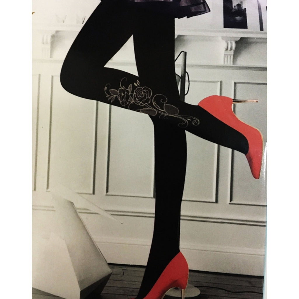 280 DEN STRUMPFHOSEN SCHWARZ ROSE WEISS BLUME STRÜMPFE EINHEITSGRÖSSE BLICKDICHT