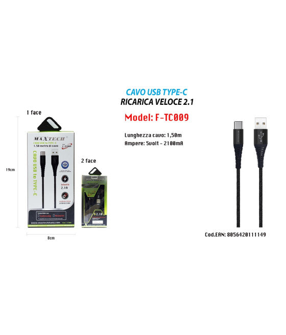 ACVO USB TO TYPE C DATA RICARICA FÜR SAMSUNG HUAWEI 1.5METRI 3A F-TC009