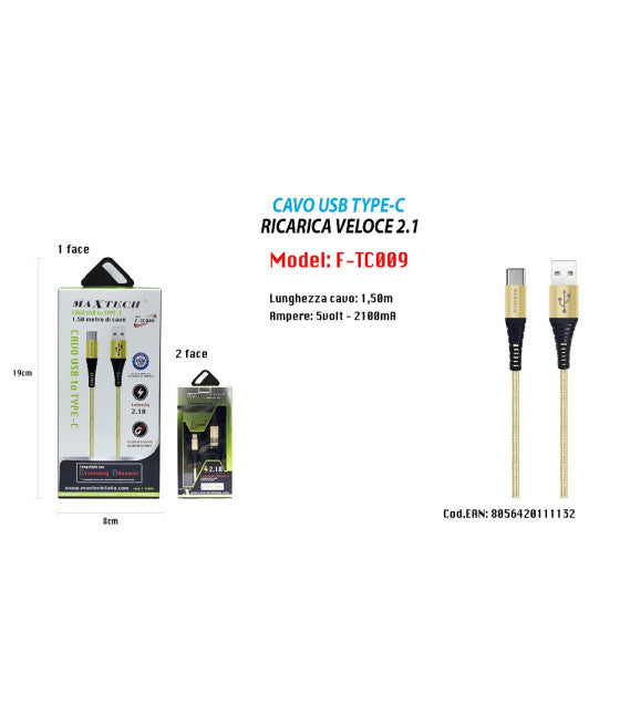 ACVO USB TO TYPE C DATA RICARICA FÜR SAMSUNG HUAWEI 1.5METRI 3A F-TC009