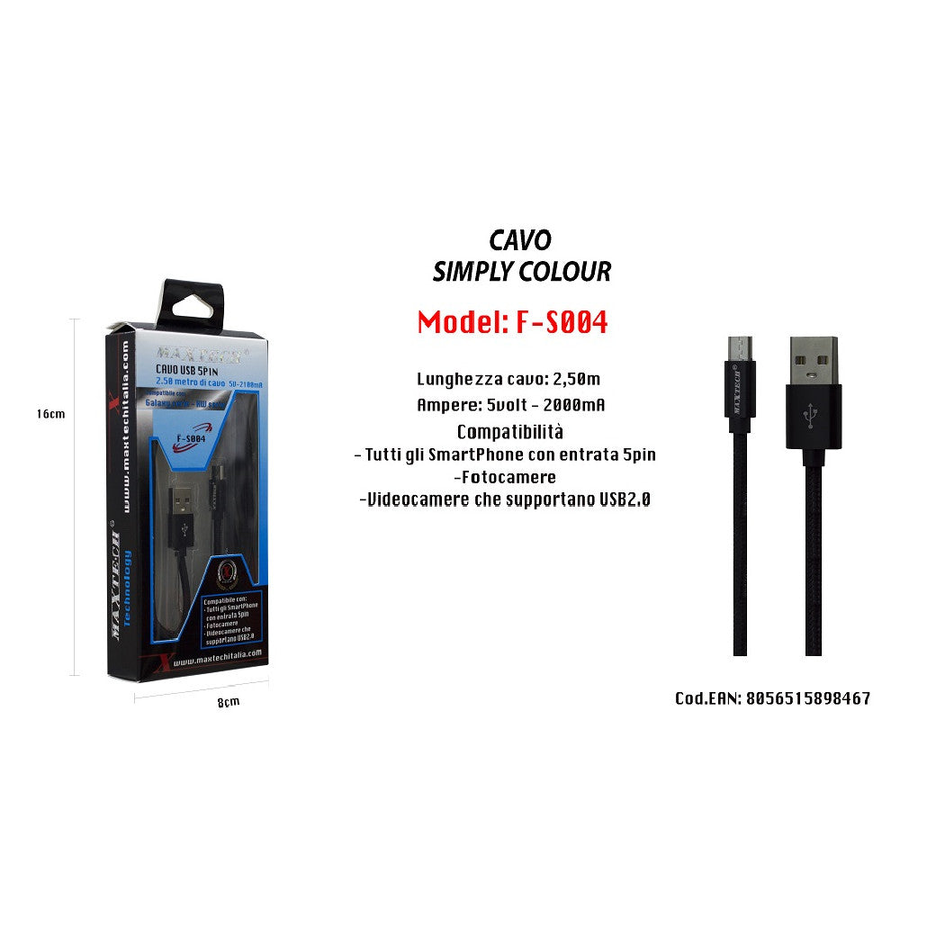 ANDROID USB KABEL 5PIN 5V-2100MA SMARTPHONE KAMERAS MAXTECH F-S004