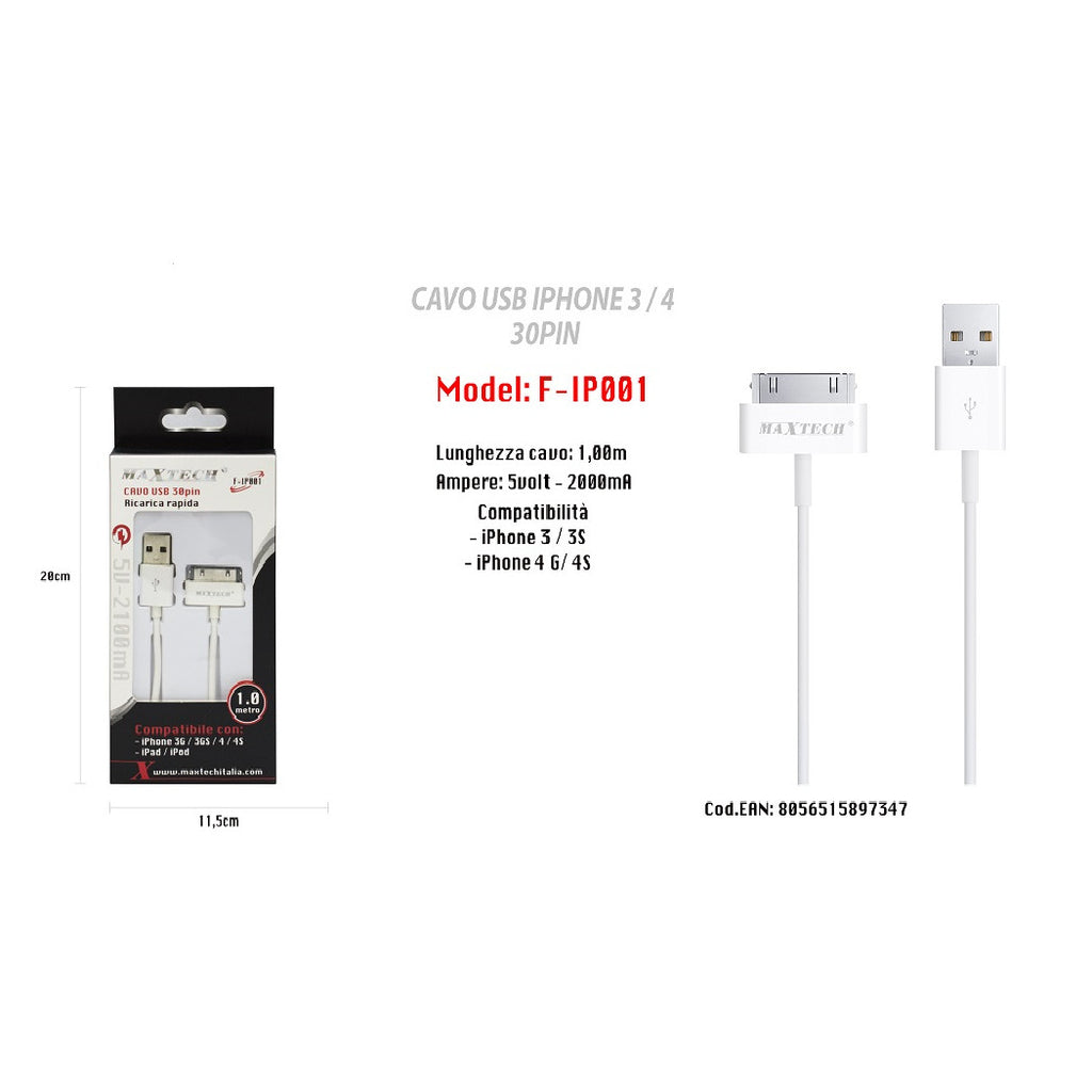 APPLE USB DATENKABEL 30 PIN IPHONE 3/3S/4G/4S IPAD IPOD MAXTECH F-IP001