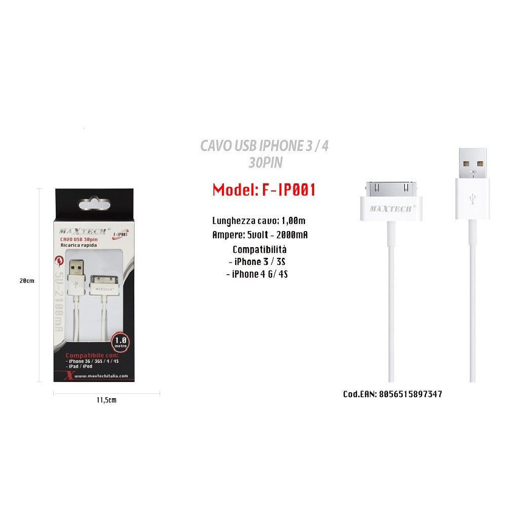 APPLE USB DATENKABEL 30 PIN IPHONE 3/3S/4G/4S IPAD IPOD MAXTECH F-IP001