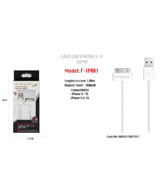 APPLE USB DATENKABEL 30 PIN IPHONE 3/3S/4G/4S IPAD IPOD MAXTECH F-IP001