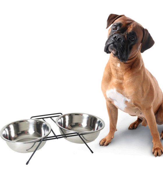 22 CM DOPPELHUNDENAPF MIT FUTTERHALTER WASSER STAHL