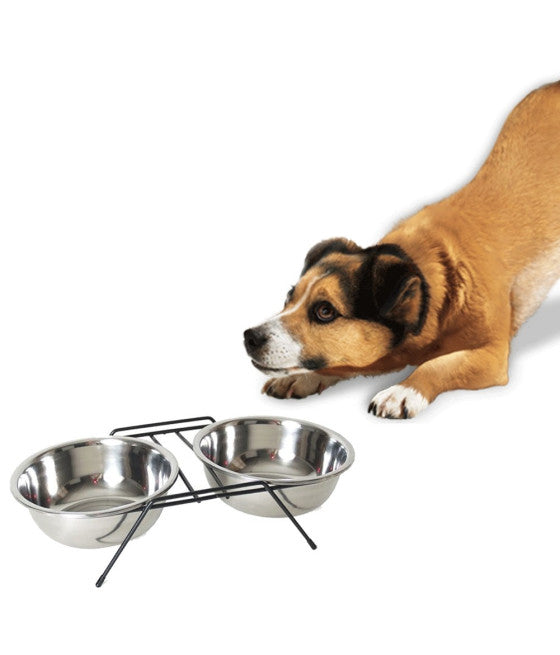 14 CM DOPPELHUNDENAPF MIT FUTTERHALTER WASSER STAHL