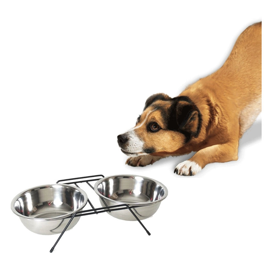 14 CM DOPPELHUNDENAPF MIT FUTTERHALTER WASSER STAHL