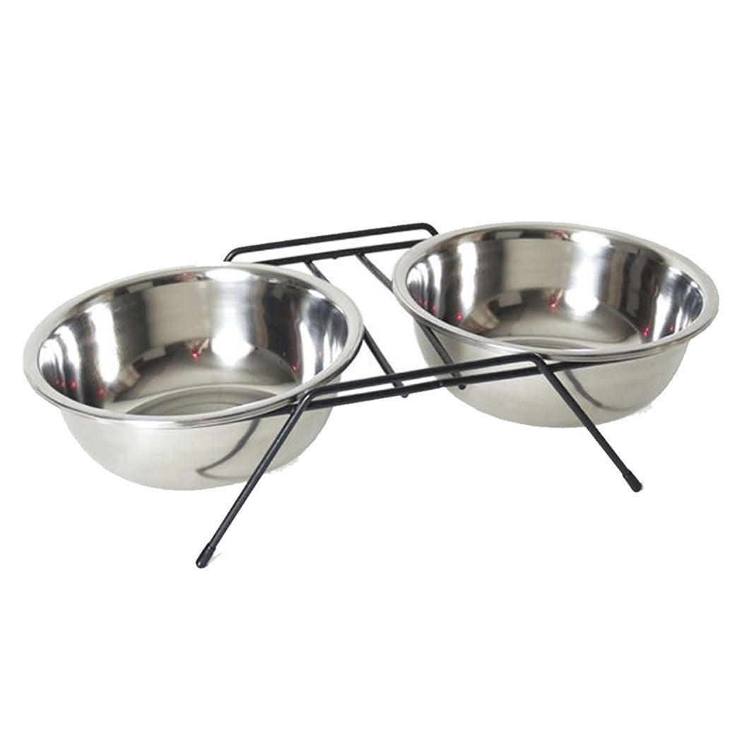 14 CM DOPPELHUNDENAPF MIT FUTTERHALTER WASSER STAHL