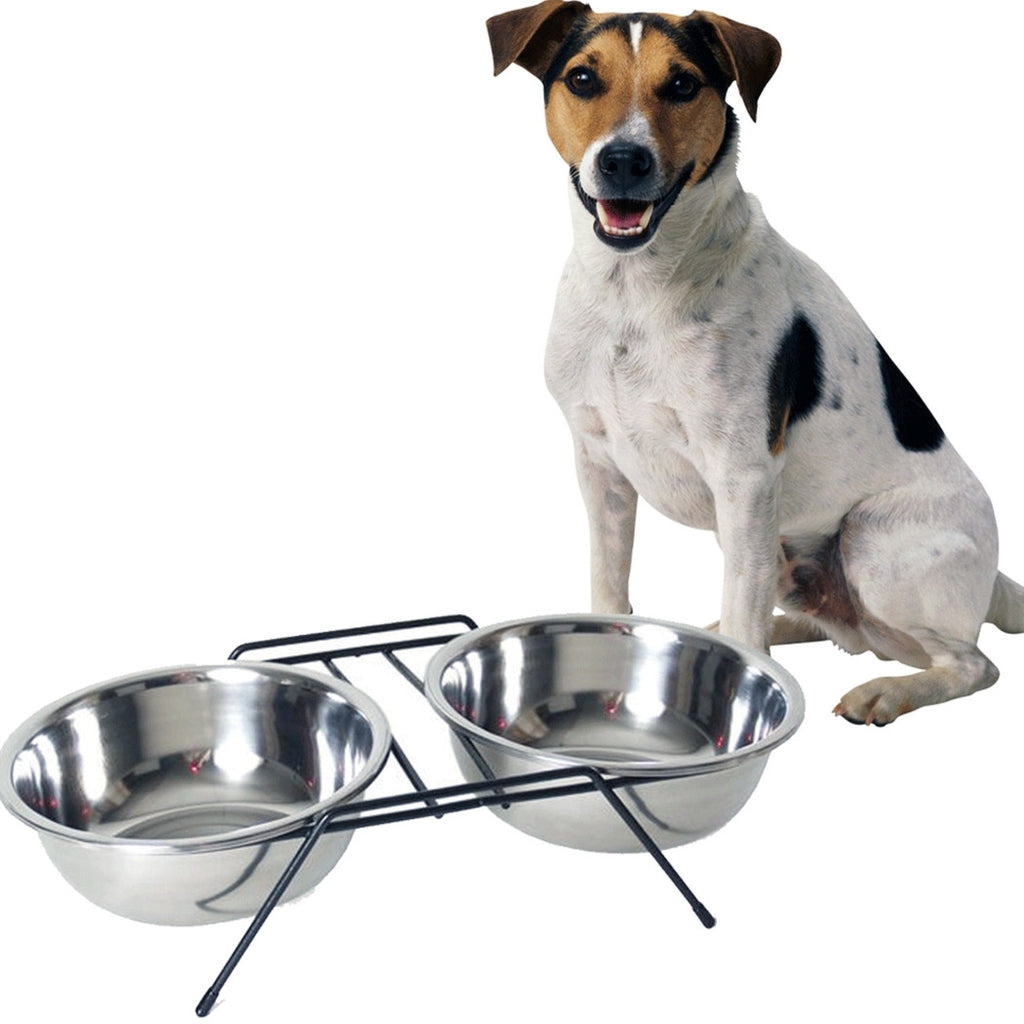 20 CM DOPPELHUNDENAPF MIT FUTTERHALTER WASSER STAHL